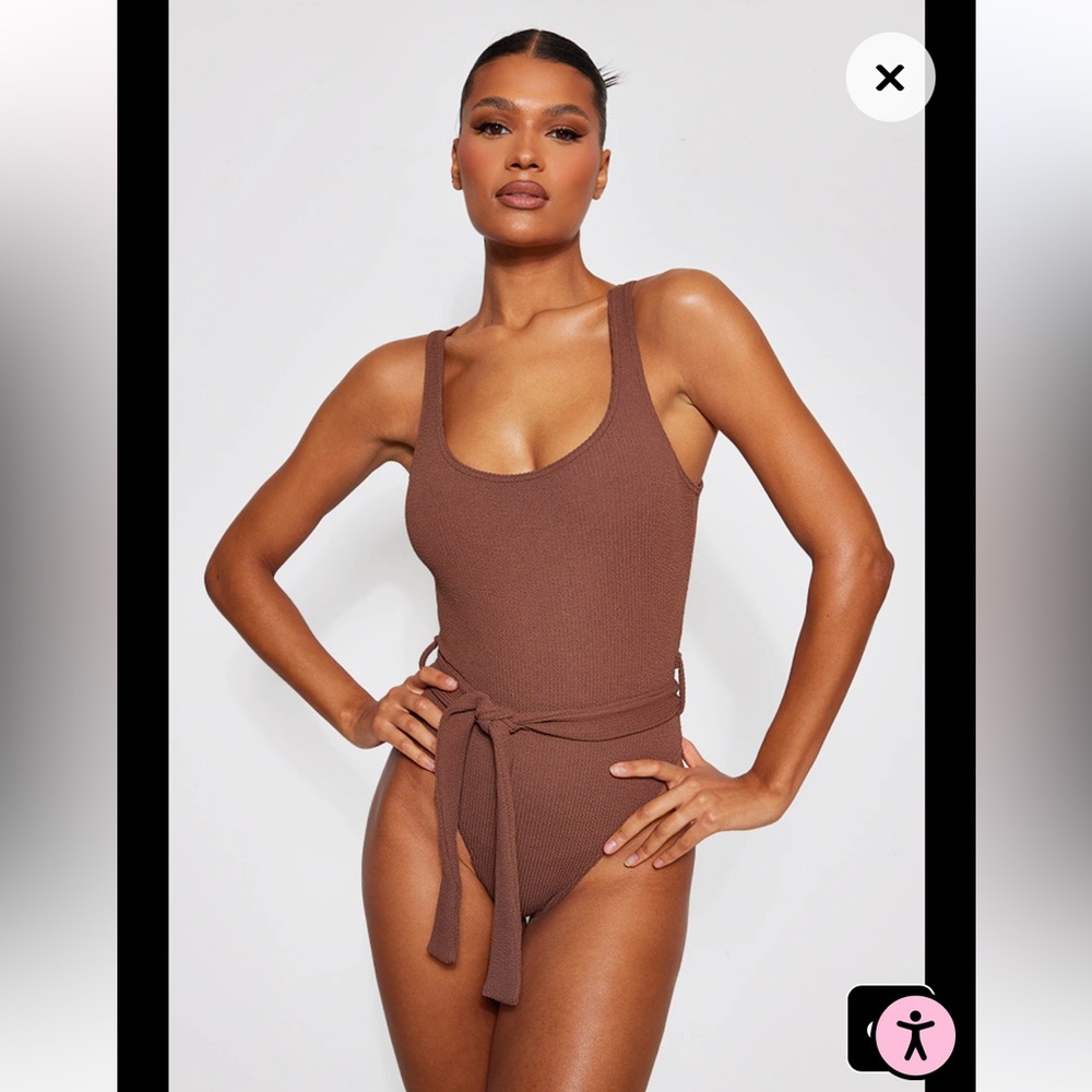 Chocolate Tie Waist Crinkle Swimsuit